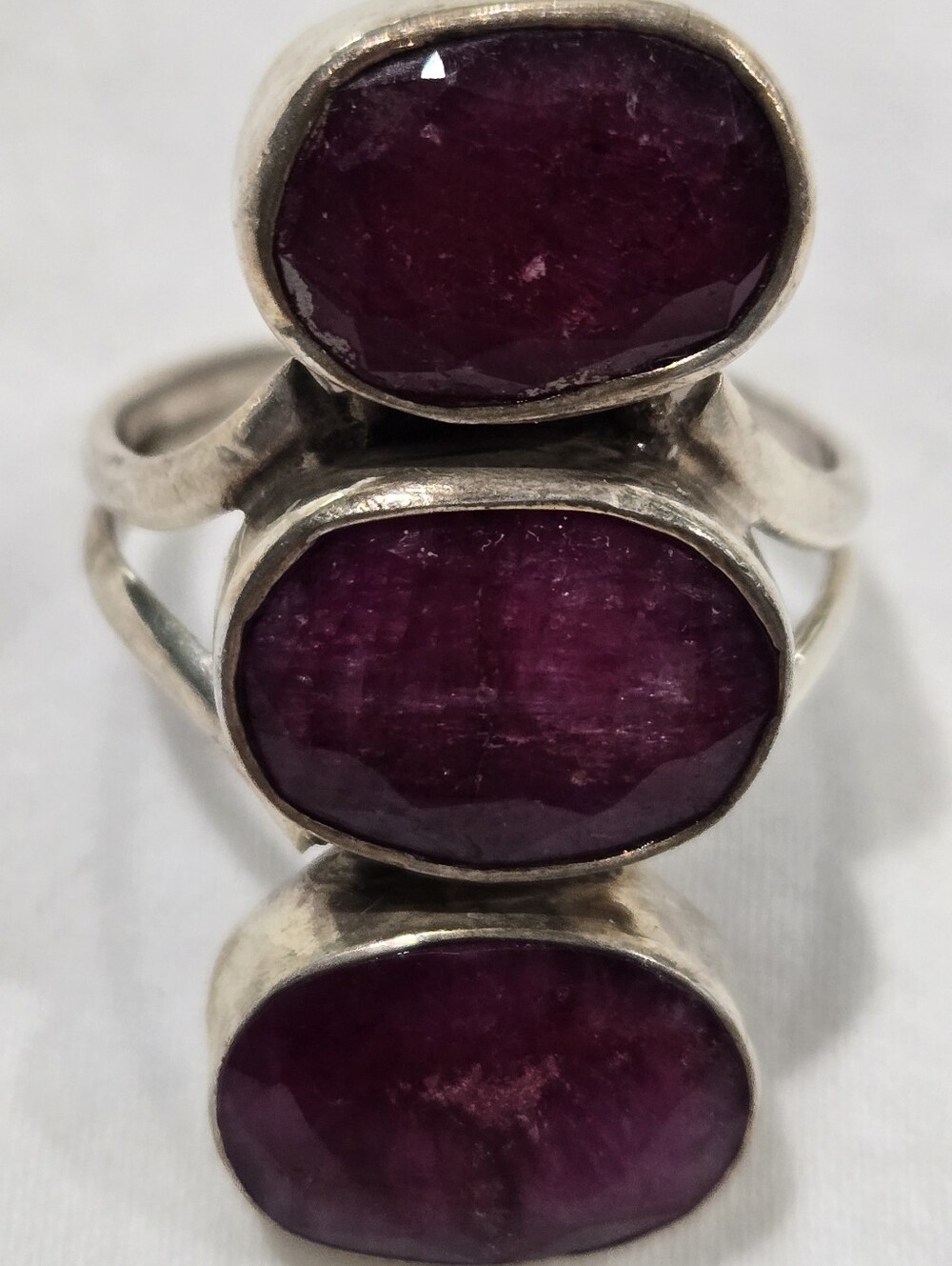 Sterling Silver Triple Deep Pink/Purple Gemstone Ring